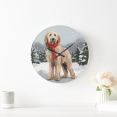 ゴールドエンドゥードル犬とクリスマスの雪 ラージ壁時計 (ホーム)