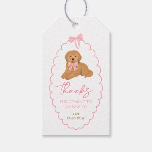 ゴールドエンドゥードル犬の誕生日パーティー ピンク ギフトタグ (正面)