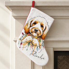 ゴールドエンドゥードル 水彩 犬の名前 ホリデー ラージクリスマスストッキング