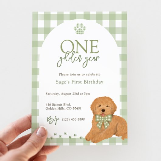 ゴールドエンドゥードル 1歳の誕生日パーティー グリーン 招待状