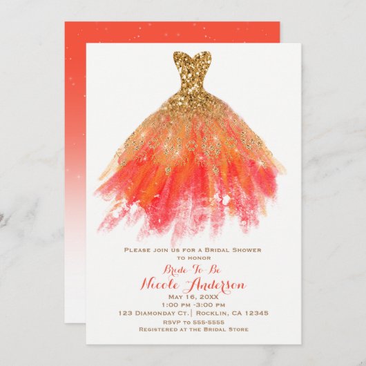 ゴールドオレンジグリッターグラマドレス 秋のブライズシャワー 招待状 (正面/裏面)