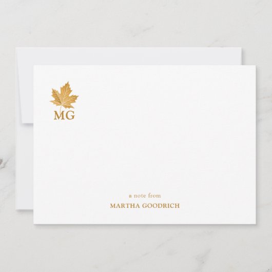 ゴールドオーカーのカナダの楓の葉 パーソナライズされたイニシャル ノートカード (正面)