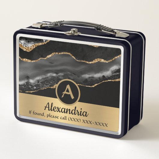 ゴールドカスタムモノグラム名前ラグジュアリー メタルランチボックス (正面)