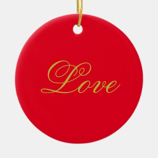 ゴールドカラースクリプトレッドラブウェディングカリグラフィー セラミックオーナメント (正面)