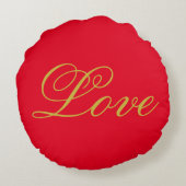 ゴールドカラースクリプトレッドラブウェディングカリグラフィー ラウンドクッション (裏面)