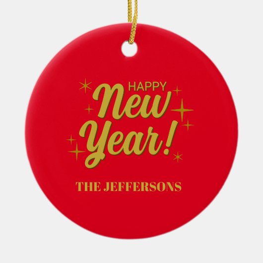 ゴールドカラー 赤 ハッピー ニュー イヤー メリー クリスマス セラミックオーナメント (正面)