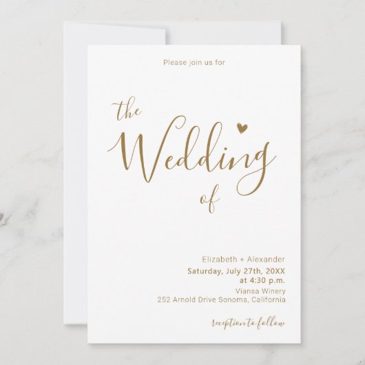 ゴールドカリグラフィーハートスクリプトQRコードウェディング 招待状 (正面)