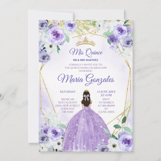 ゴールドクラウンとパープルフラワーのキンセアニエラ 招待状 (正面)