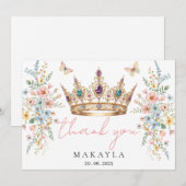 ゴールドクラウンフローラルバタフライ エレガント ブライダルシャワー サンキューカード (正面/裏面)