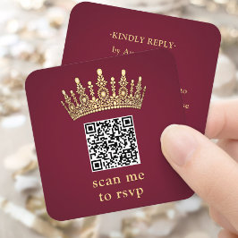 ゴールドクラウン ワインレッド Quinceañera スキャンしてQR RSVP エンクロージャーカード