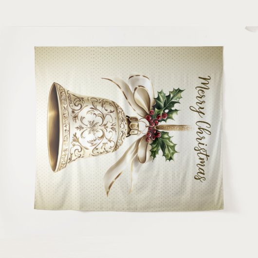 ゴールドクリスマスベル輝く星緑の葉 タペストリー (正面(横))