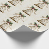 ゴールドクリスマスベル シャイニースターズ グリーンの葉 ラッピングペーパー (角)