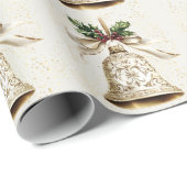 ゴールドクリスマスベル シャイニースターズ グリーンの葉 ラッピングペーパー (ロールコーナー)