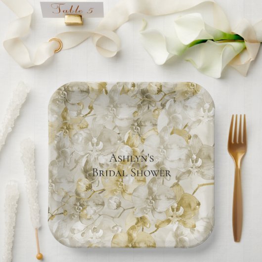ゴールドクリーム蘭の花 ブライダルシャワー ペーパープレート (ウェディング)