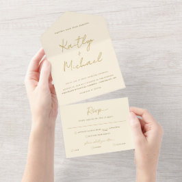 ゴールドクリーム ウェディング モダン 返信はがき式RSVP オールインワン招待状
