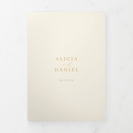 ゴールドクリーム フォト ウェディング RSVP 詳細 QRコード 三つ折り招待状 (カバー)