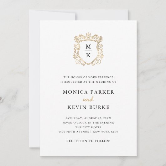 ゴールドクレスト | エレガントなブラックとホワイトのウェディング 招待状 (正面)