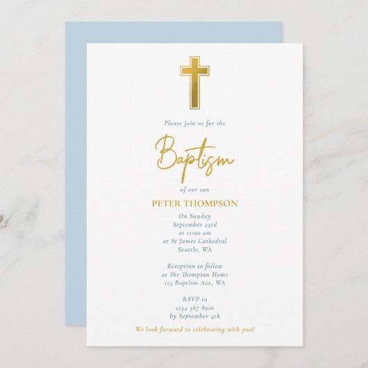 ゴールドクロス手書きスクリプト少年洗礼 招待状 (正面/裏面)