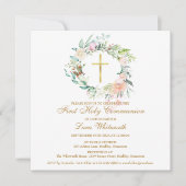 ゴールドクロス ウォーターカラー フラワー ファースト ホーリー コミュニオン 招待状 (正面)