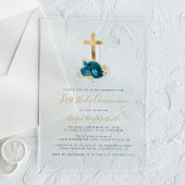 ゴールドクロス ターコイズ フラワーファースト コミュニオン アクリル招待状