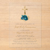 ゴールドクロス ターコイズ フラワーファースト コミュニオン アクリル招待状 (正面)