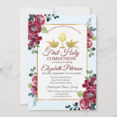 ゴールドクロス バーガンディ フラワー ファースト ホーリー コミュニオン 招待状 (正面)