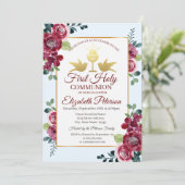 ゴールドクロス バーガンディ フラワー ファースト ホーリー コミュニオン 招待状 (スタンド正面)