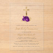 ゴールドクロス パープルフラワーファーストコミュニオン アクリル招待状 (正面)