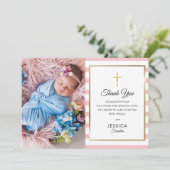 ゴールドクロス ピンクストライプ 洗礼 誕生写真 サンキューカード (スタンド正面)