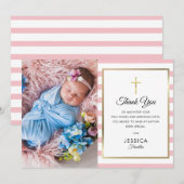 ゴールドクロス ピンクストライプ 洗礼 誕生写真 サンキューカード (正面/裏面)