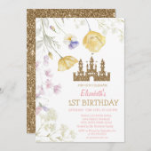 ゴールドグリッターお姫様城ワイルドフラワーバースデー 招待状 (正面/裏面)
