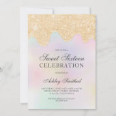 ゴールドグリッターがパール写真に滴り落ちるスイート16 招待状 (正面)