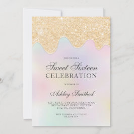 ゴールドグリッターがパール写真に滴り落ちるスイート16 招待状