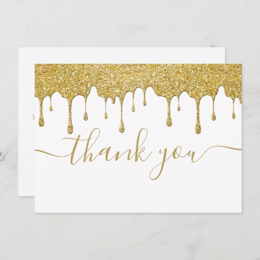 ゴールドグリッターが滴るモダンエレガントスクリプト サンキューカード (正面/裏面)
