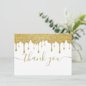 ゴールドグリッターが滴るモダンエレガントスクリプト サンキューカード (スタンド正面)