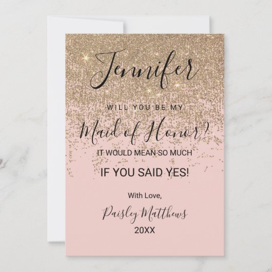 ゴールドグリッターが煌く、バラ色の美しいメイドオブオナー 招待状 (正面)