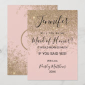 ゴールドグリッターが煌く、ピンクのブラッシュ メイドオブオナー 招待状 (正面/裏面)