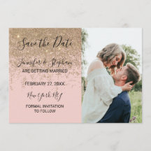 ゴールドグリッターが煌く ブッシュピンクのSave the Dateカード