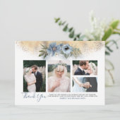 ゴールドグリッターとダスティーブルーの結婚式写真カード 招待状 (スタンド正面)
