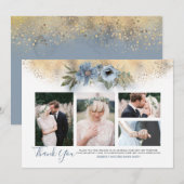 ゴールドグリッターとダスティーブルーの結婚式写真カード 招待状 (正面/裏面)