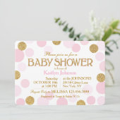 ゴールドグリッターとピンクの散らばったドット ベイビーシャワー 招待状 (スタンド正面)