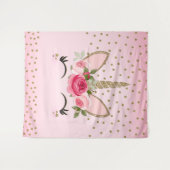 ゴールドグリッターとピンクの花のユニコーンの顔がおしゃれ タペストリー (正面(横))