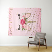 ゴールドグリッターとピンクの花のユニコーンの顔のトレンディ タペストリー (インサイチュ(横))