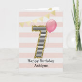 ゴールドグリッターとピンクの7歳の誕生日 カード (正面)
