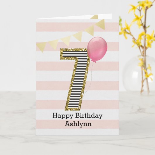 ゴールドグリッターとピンクの7歳の誕生日 カード (黄色い花)