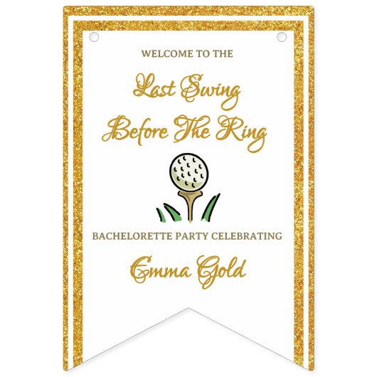 ゴールドグリッターとホワイトのゴルフ独身最後の祭り バンティングフラッグ (第2の旗)