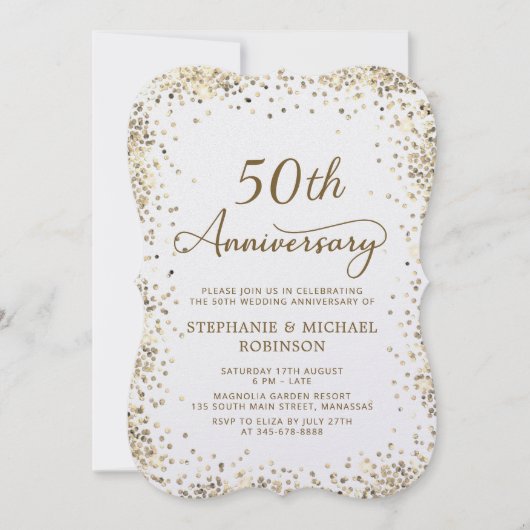 ゴールドグリッターとホワイトの50周年結婚記念日 招待状 (正面)