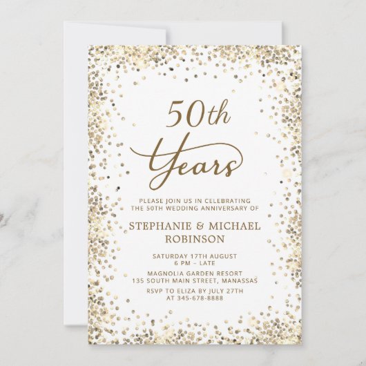 ゴールドグリッターとホワイトの50周年結婚記念日 招待状 (正面)