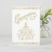 ゴールドグリッターのキンセアニエラ15歳の誕生日王冠招待状 招待状 (スタンド正面)