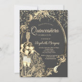 ゴールドグリッターのドレス、風船のグリッターキンセアラ 招待状 (正面)